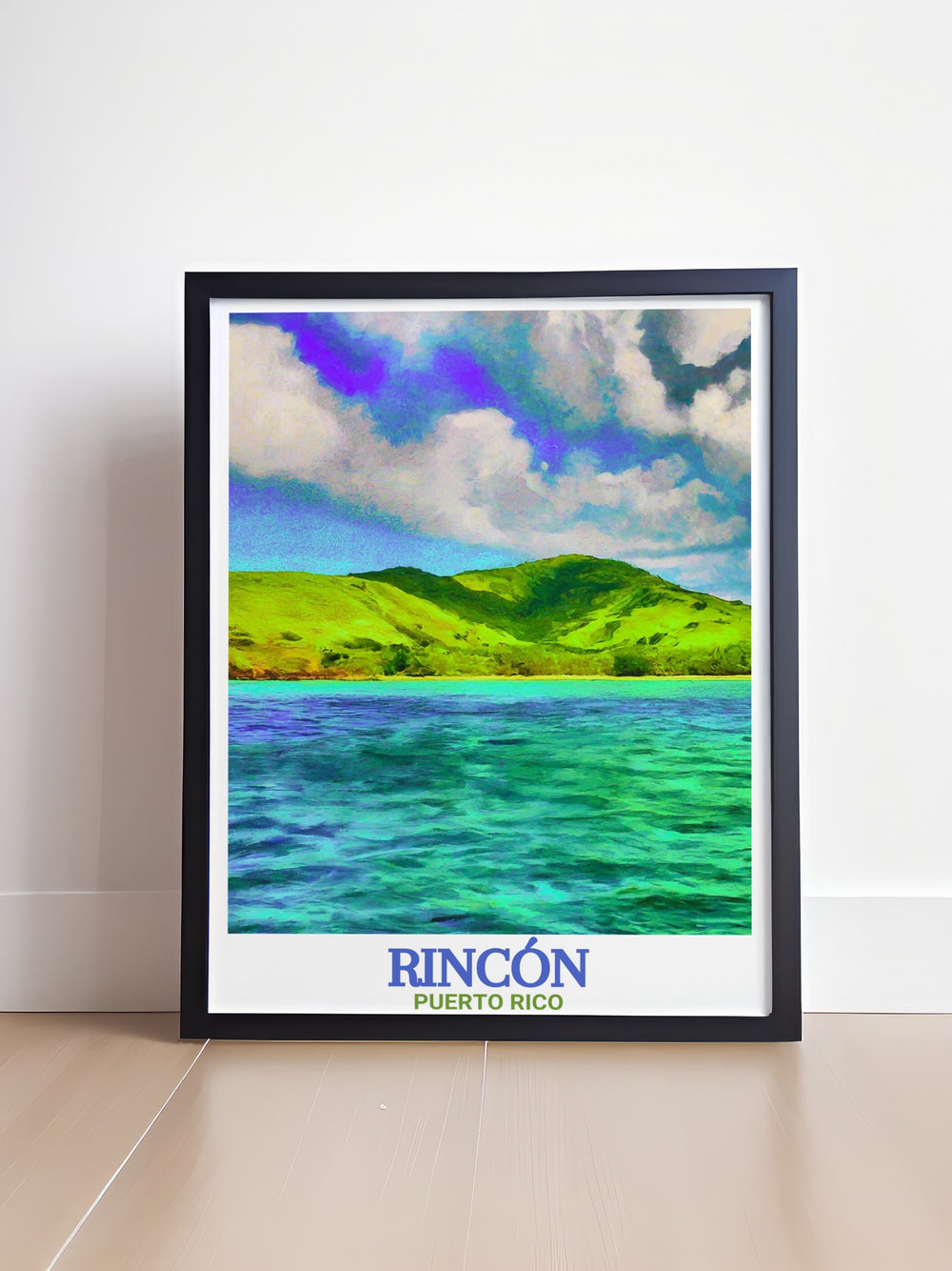 Travel print featuring Rincón Beach and Desecheo Island in California, with detailed illustrations of the waves crashing onto the shore. This art piece is perfect for adding a touch of coastal charm to any space, making it an ideal gift for beach lovers.