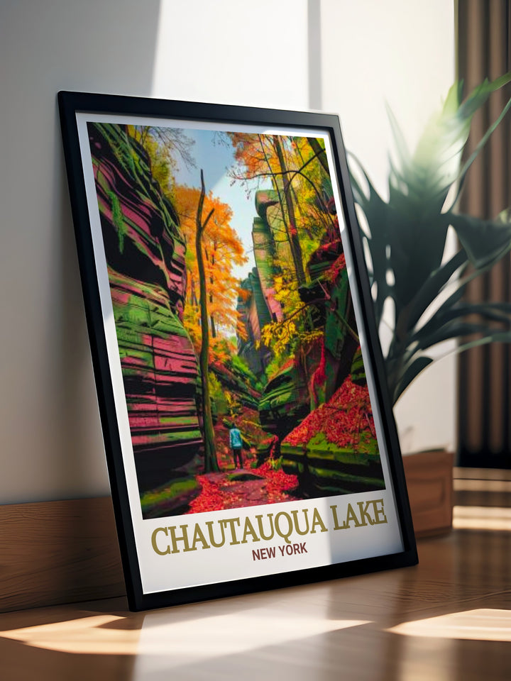 Bring a touch of New York States tranquil landscapes into your home with this Chautauqua Lake travel poster, capturing the peaceful waters and scenic surroundings.