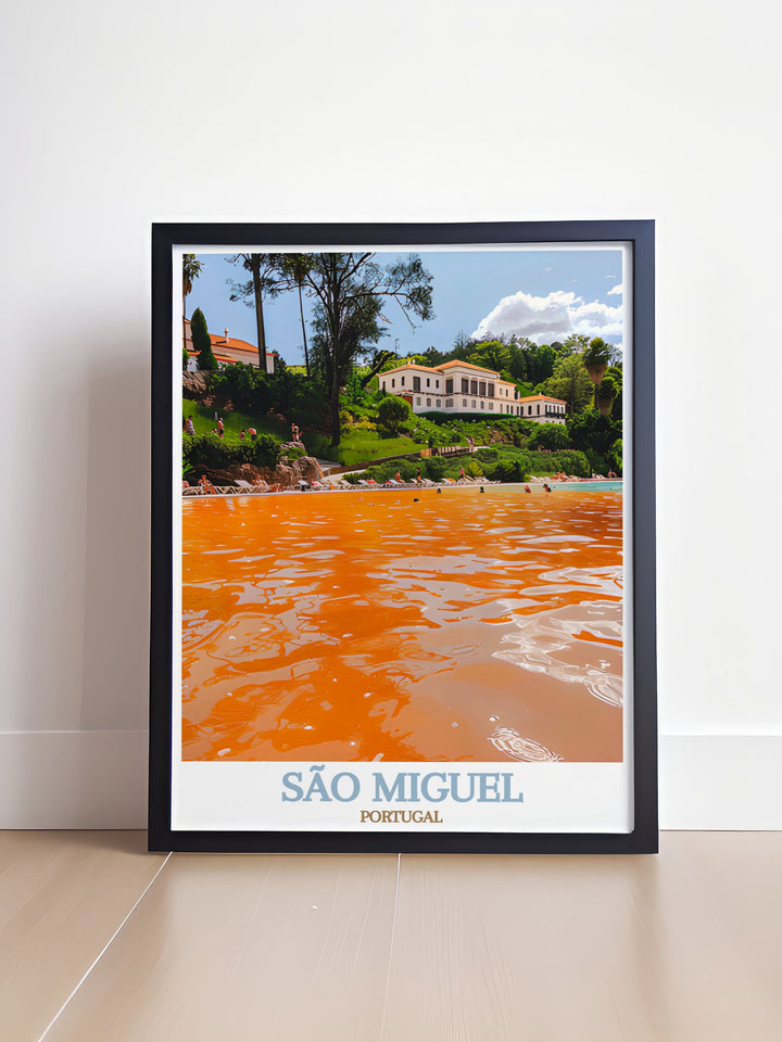 An elegant travel poster of São Miguels Terra Nostra Park, highlighting the gardens winding paths and diverse flora, making it a captivating focal point for your home or office.