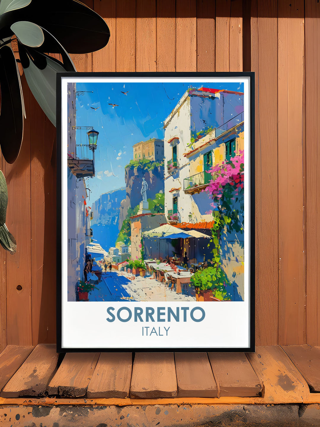 Italy wall art showcasing Piaza Tasso and Sorrentos lively cafes and elegant architecture. This Sorrento art print brings the beauty of Italy into your home adding a touch of elegance and culture to any room perfect for living room or bedroom.