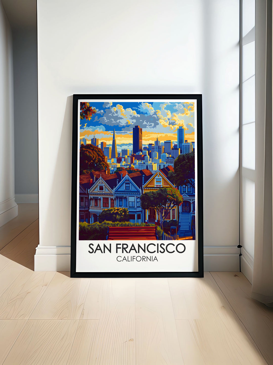 This Painted Ladies Poster Print captures the vibrant Victorian homes in San Francisco against the citys modern skyline. With rich colors and detailed architecture, this art piece is perfect for adding a touch of classic California charm to any room, bringing both history and beauty into your home decor.