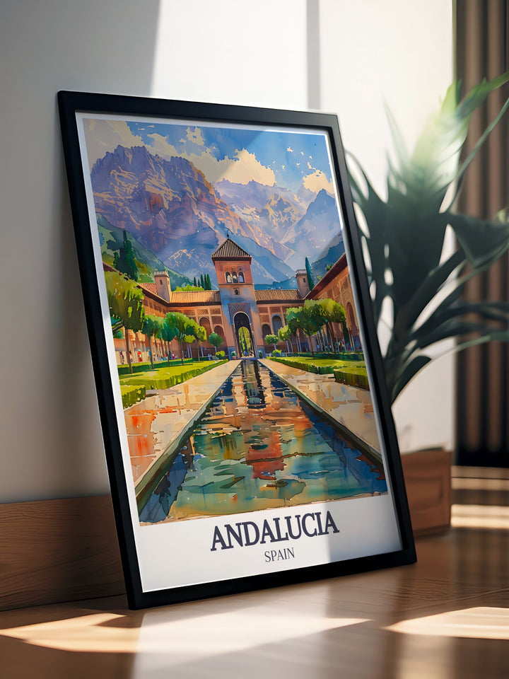 The architectural splendor of the Alhambra Palace and the natural beauty of the Sierra Nevada Mountains are depicted in this travel poster, showcasing the best of Andalucias heritage and landscapes.