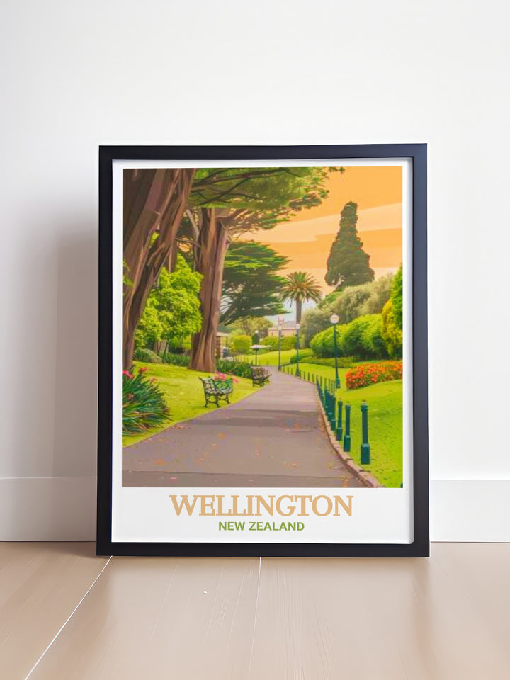 Wellington poster print highlighting the energetic cityscape alongside the peaceful Wellington Botanic Garden. Perfect for those who love the contrast of urban landscapes and nature, this New Zealand travel print is a stunning addition to any wall.