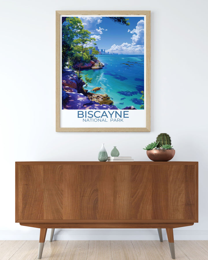 Detailed digital download of Biscayne National Park, featuring the tranquil Biscayne Bay Trail and vibrant coral reefs, ideal for any art collection or as a memorable travel keepsake.