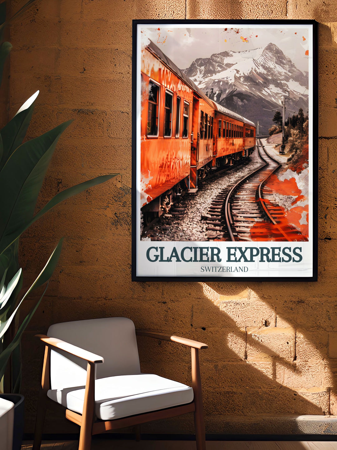 The Glacier Express train Matterhorn travel poster is a perfect wall decor choice capturing the grandeur of Swiss tourism and the breathtaking alpine landscapes