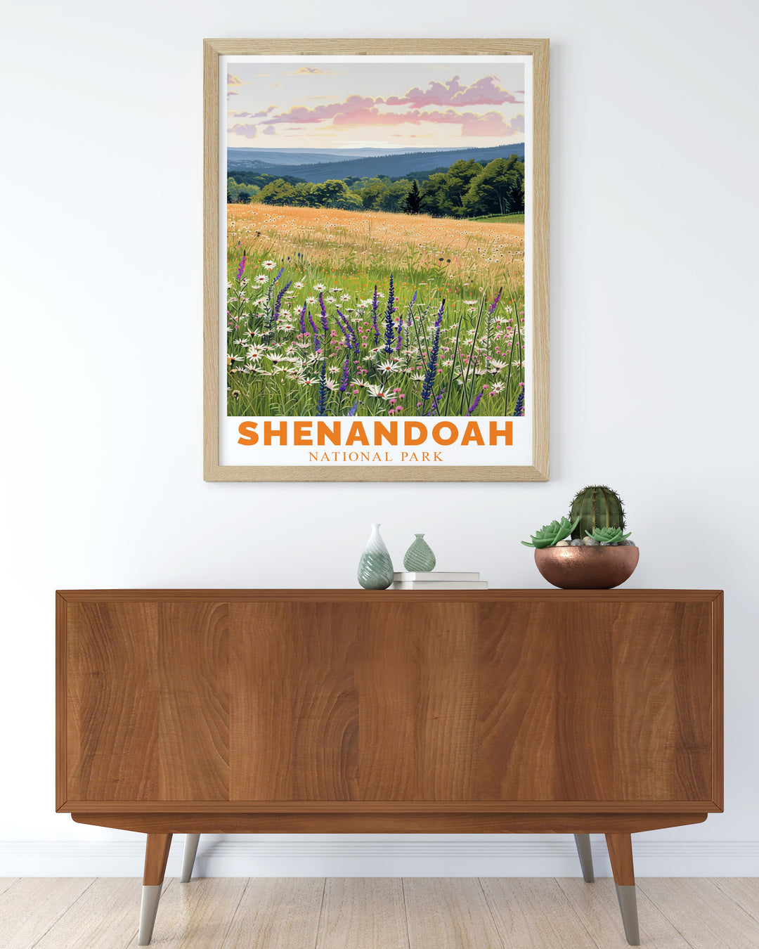 This retro travel print of Shenandoah National Park showcases the scenic beauty of the park, with views of the Appalachian Trail and Skyline Drive. A perfect addition to any home, this artwork captures the essence of the outdoors.