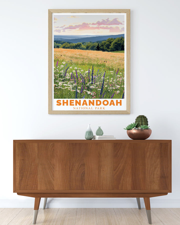 This retro travel print of Shenandoah National Park showcases the scenic beauty of the park, with views of the Appalachian Trail and Skyline Drive. A perfect addition to any home, this artwork captures the essence of the outdoors.