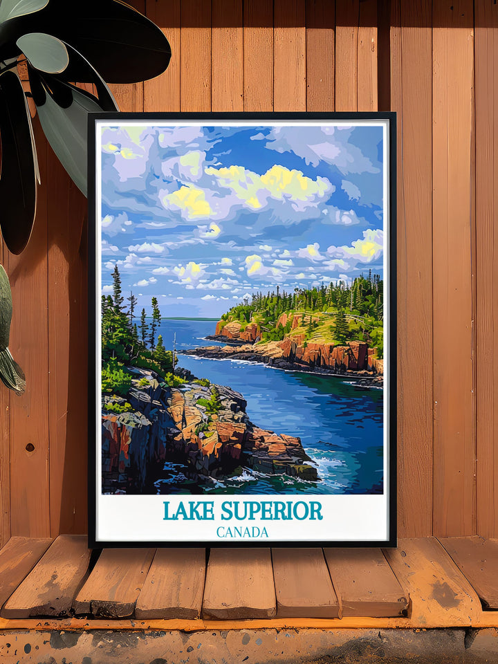 Lake Superiors natural grandeur captured in a vibrant travel poster, making a standout addition to any rooms decor.