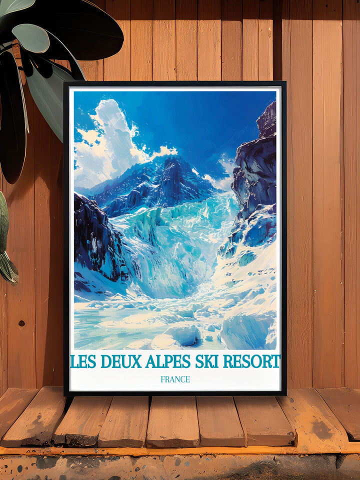 Featuring the stunning icy landscape of The Glacier, this poster offers a visual representation of one of the French Alps most beautiful natural wonders, ideal for adventure seekers and nature lovers.
