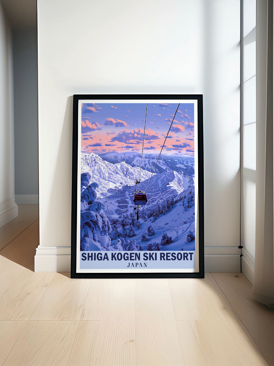 Shiga Kogen and the Japanese Alps are beautifully depicted in this travel poster, celebrating the iconic ski resort and the stunning mountain scenery of Nagano, Japan, perfect for winter sports enthusiasts.