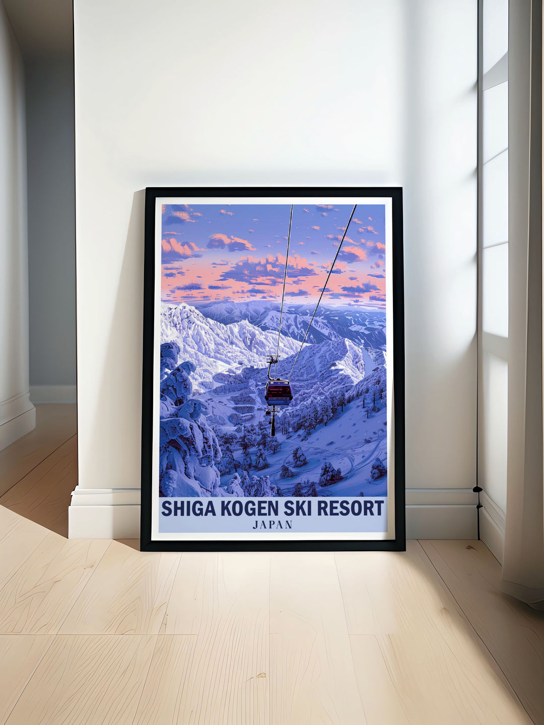 This framed art piece of Shiga Kogen and the Japanese Alps offers a perfect balance of adventure and tranquility. With its detailed design, this travel print is ideal for ski enthusiasts and fans of Japanese travel destinations.