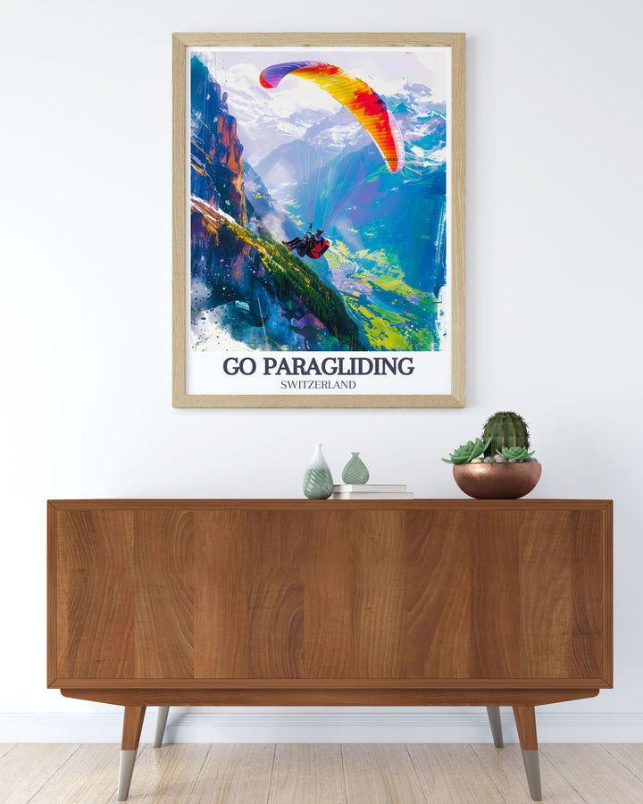 Travel poster of paragliding over the Swiss Alps, featuring Interlakens iconic peaks and valleys. A perfect piece for those who love travel and adventure.