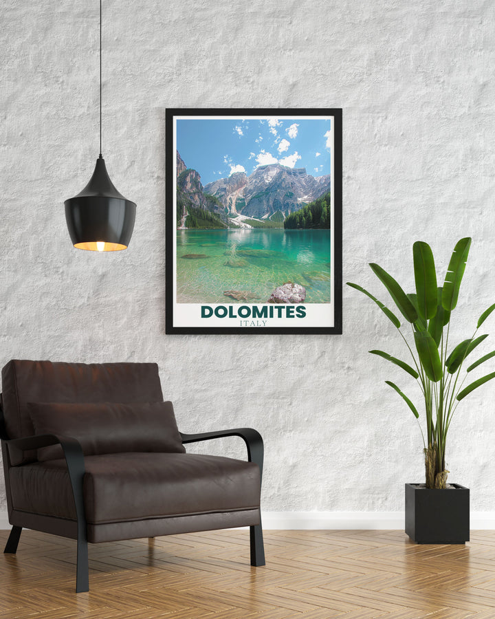 Exquisite Lago di Braies Art Print showcasing the stunning landscapes of the Dolomites Italy. Ideal for Italy home decor and travel enthusiasts. Add a touch of nature to your space with this captivating Italy wall art.