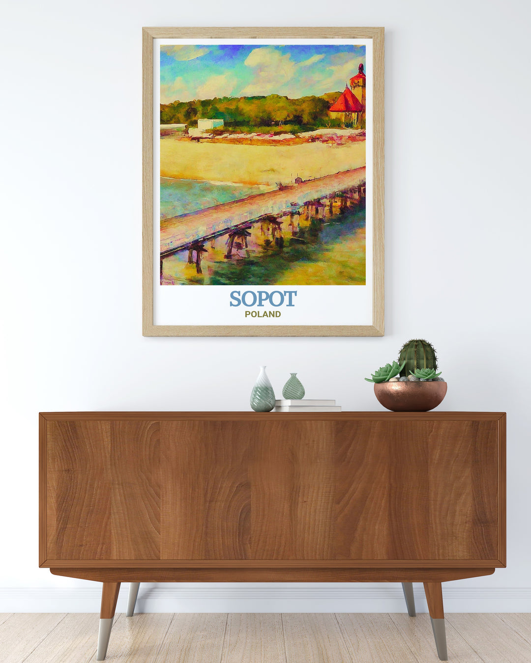 Vibrant poster featuring Sopot Pier, Poland, capturing the peaceful ambiance of the Baltic coastline. Ideal for home decor, this print brings the tranquil beauty of Sopot into your living space, making it an excellent choice for anyone connected to Poland or with an appreciation for coastal landscapes.