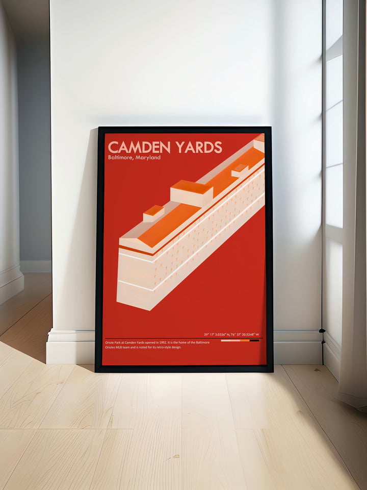 Vibrant travel poster of Baltimore Orioles featuring Gunnar Henderson and Cal Ripken with a detailed depiction of Camden Yards ideal for adding a touch of baseball history to your decor perfect for any fan of MLB legends and Orioles greats