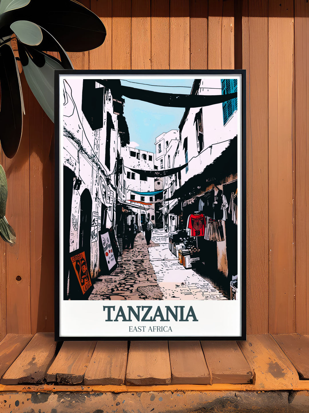 Serengeti Africa wall art featuring giraffes alongside Unguja Stone Town artwork capturing the wild beauty of Tanzanias national parks and cultural landmarks bringing the spirit of adventure and history into your home.