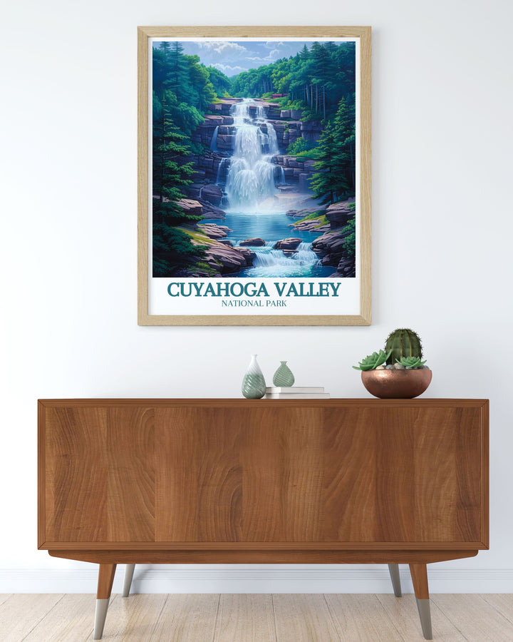 High quality vintage poster of Blue Hen Falls, capturing the natural beauty of this iconic waterfall in Cuyahoga Valley National Park, perfect for enhancing your home decor.