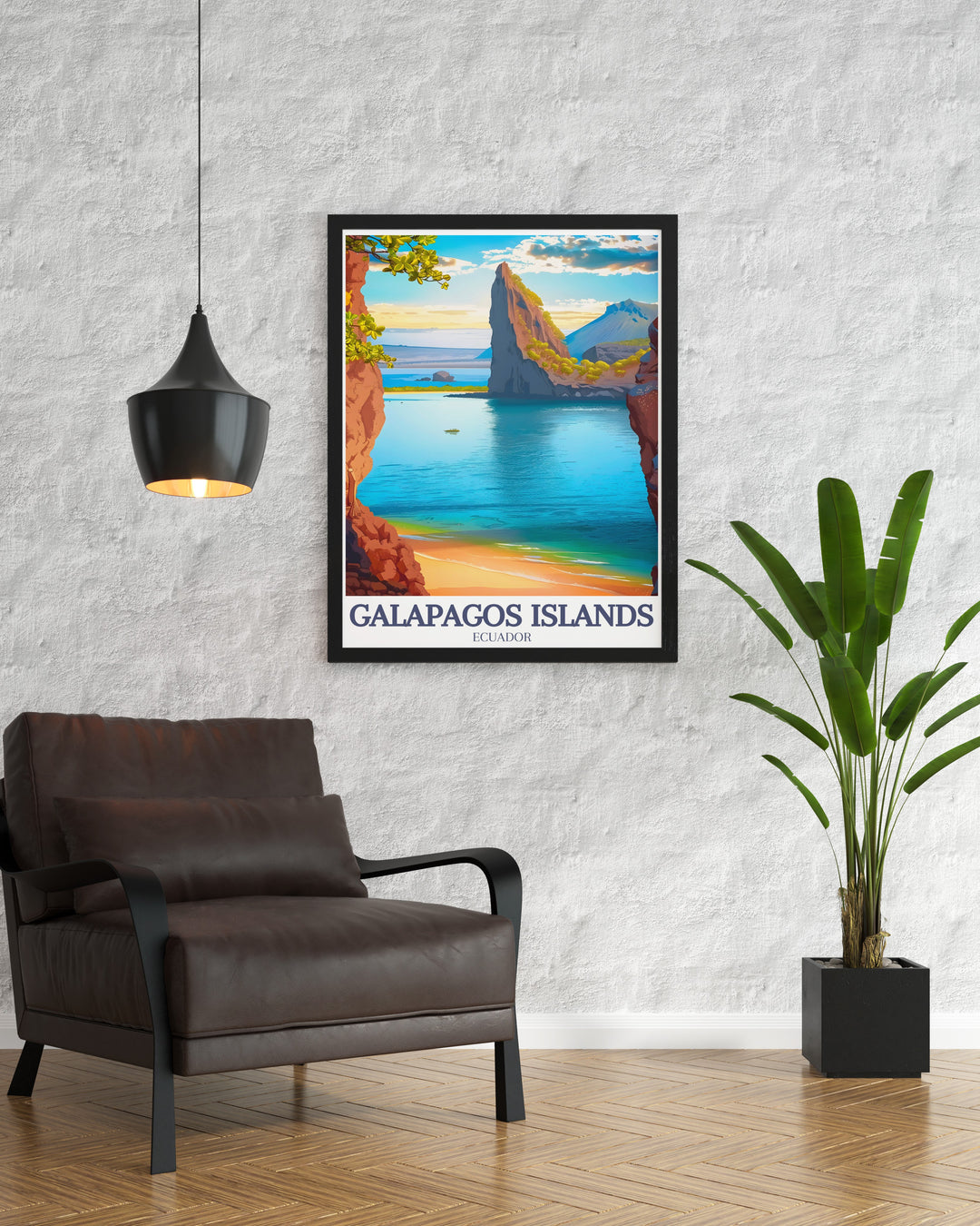 Ecuador art print capturing the dramatic landscape of Pinnacle Rock and Bartolomé Island in the Galapagos. This poster is perfect for those who appreciate nature, adventure, and unique wall decor that transports them to far off places.