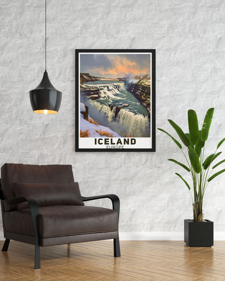 Framed art of Gullfoss waterfall, offering a stunning depiction of its powerful cascade and surrounding canyon. This print brings the dramatic beauty of Icelands landscapes into your home decor.