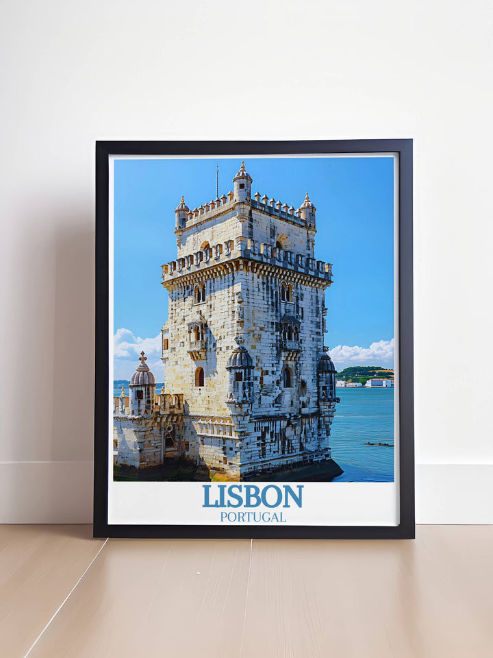 Elegant Belem Tower Torre de Belem) Framed Print highlighting the detailed design of this historical tower perfect for enhancing living room decor and showcasing Portuguese heritage.