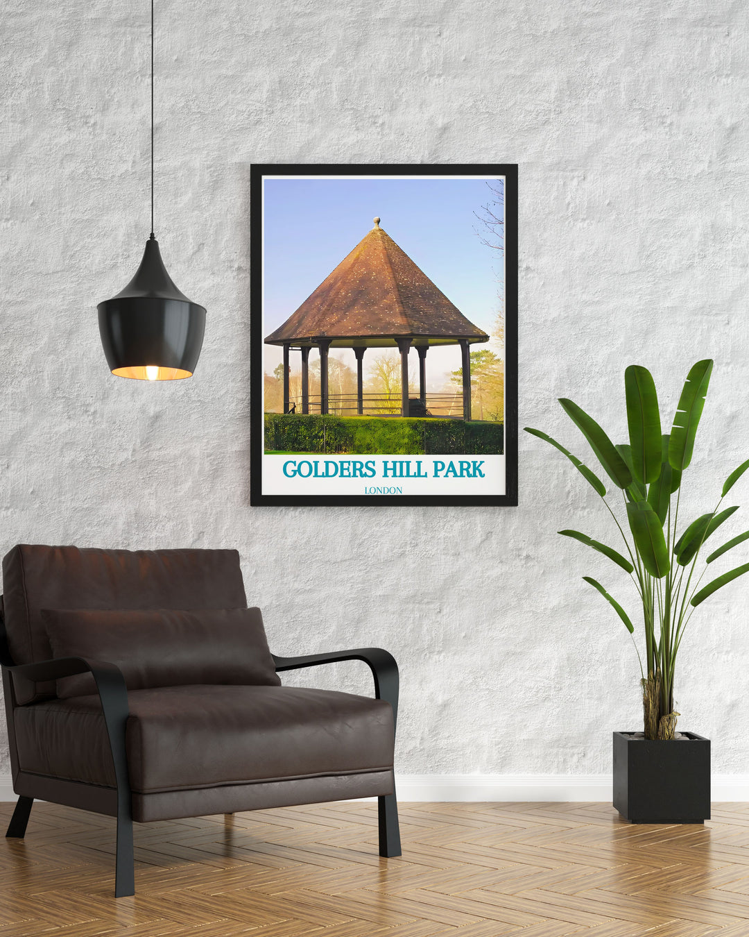 A detailed digital print capturing the timeless elegance of the bandstand in Golders Hill Park, set amidst beautifully landscaped gardens, ideal for adding a touch of Londons cultural heritage to any room.