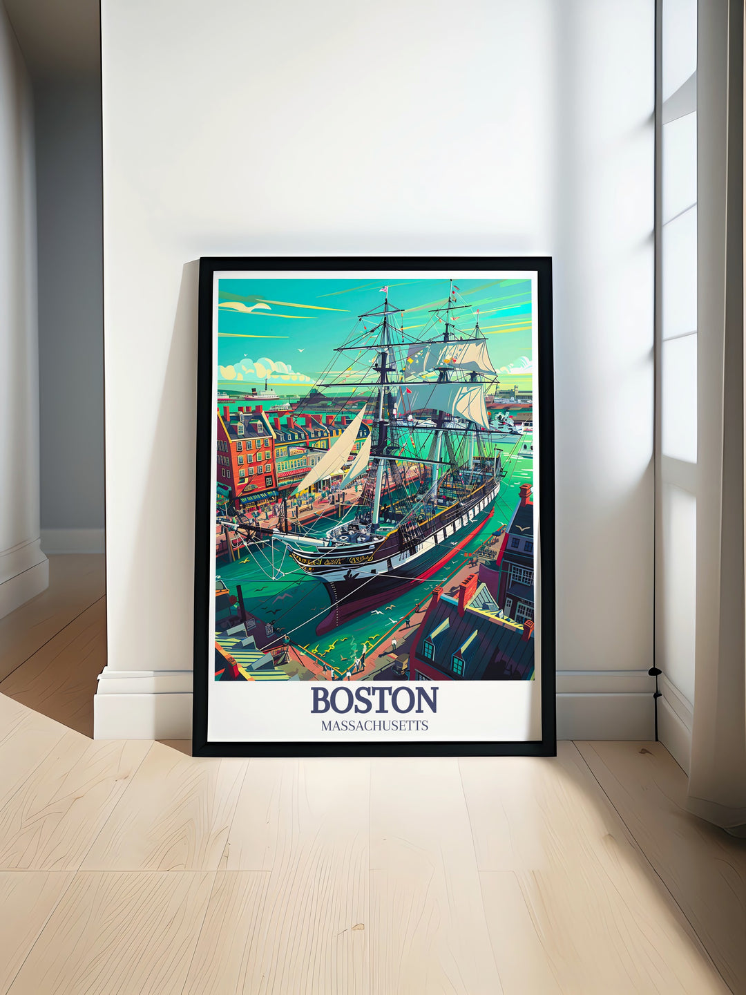 Boston Poster Print captures the iconic USS Constitution and the scenic Boston Harbor. This travel print showcases both the historical significance of Old Ironsides and the beauty of the harbor, making it the perfect addition to any home decor for history lovers and Boston enthusiasts alike.