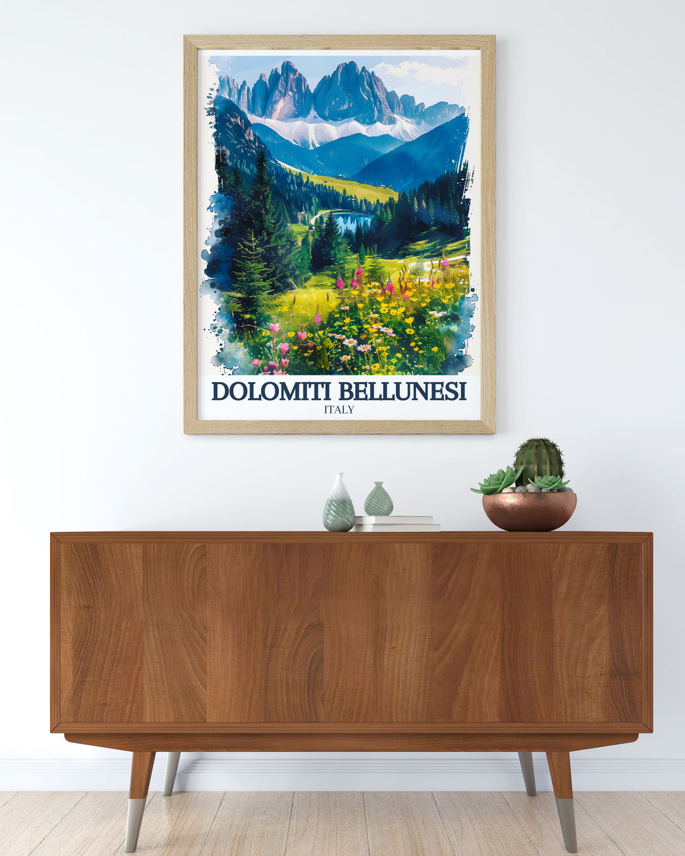 Vintage travel print of the Dolomite range showcasing the rugged charm and natural splendor of the Dolomiti Bellunesi ideal for adding a touch of nostalgia to your space.