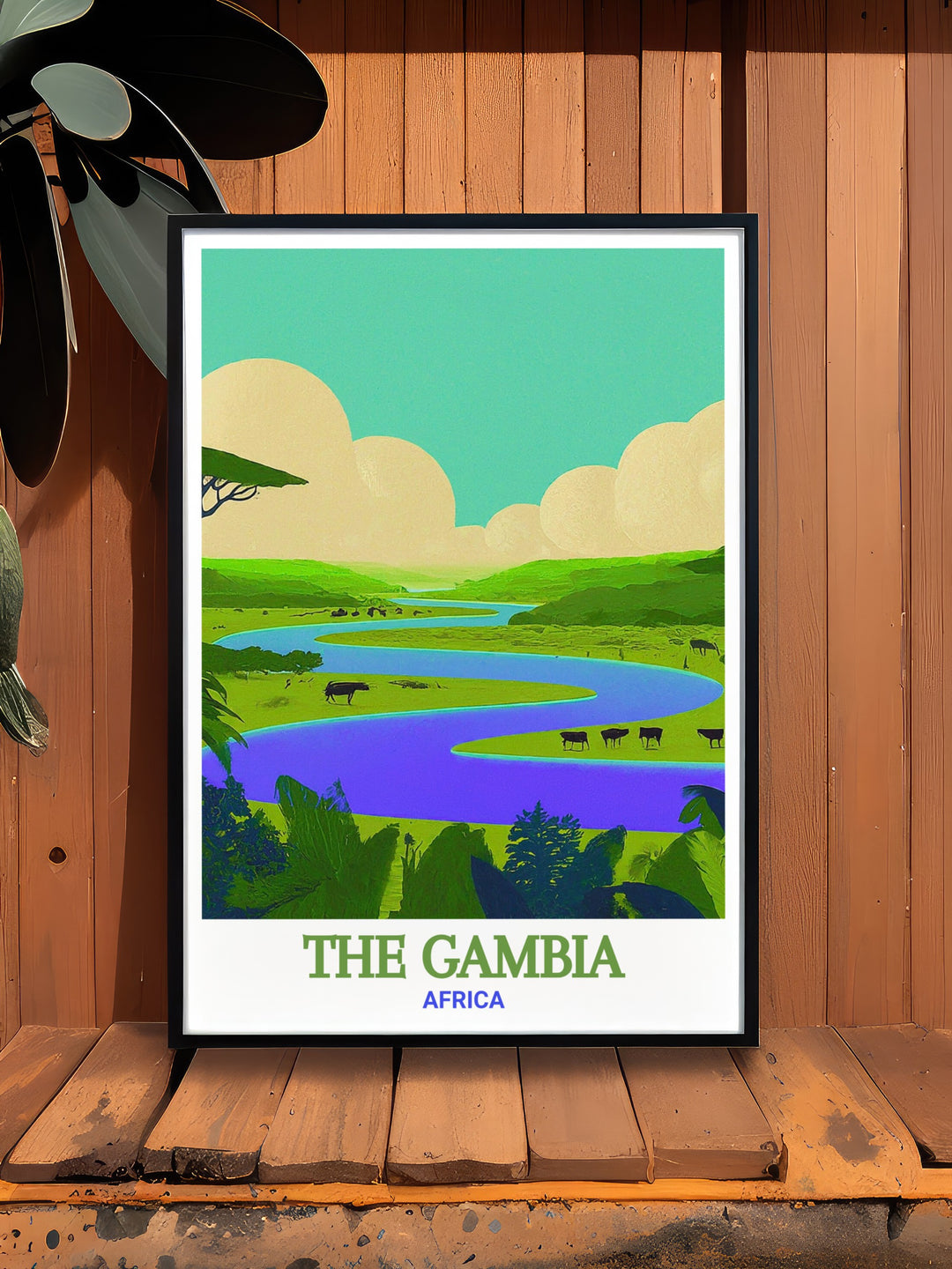 River Gambia National Park poster from The Gambia. This travel print offers a captivating view of the national park, known for its diverse wildlife and lush vegetation. The vibrant colors and detailed illustration make it a standout piece for any art collection.