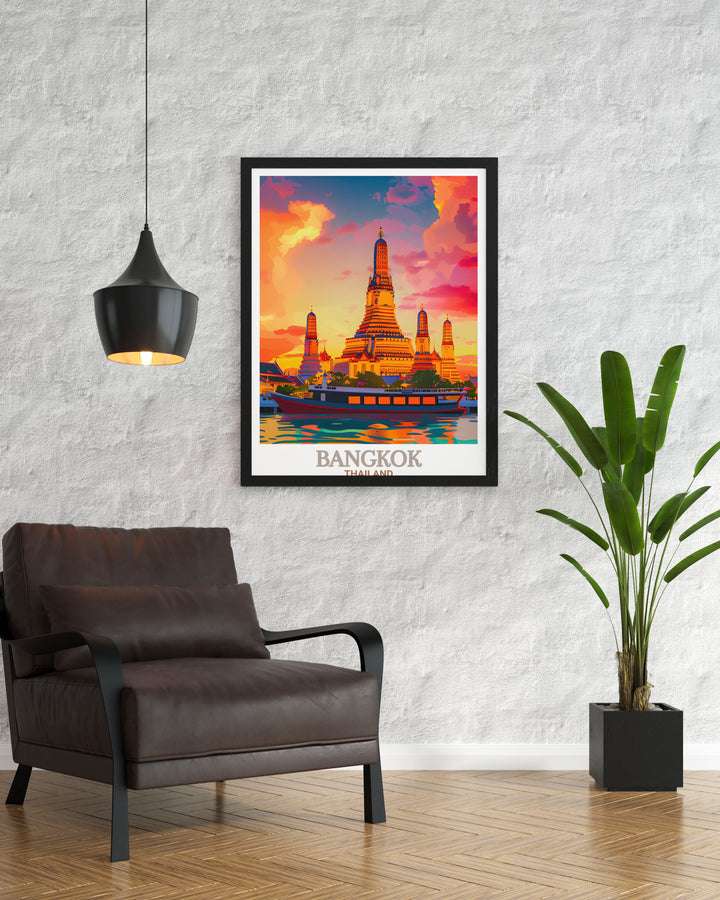 Bangkok City Map Print including Wat Arun as a highlight providing a stylish and artistic view of the citys layout perfect for travel enthusiasts and those who appreciate detailed art