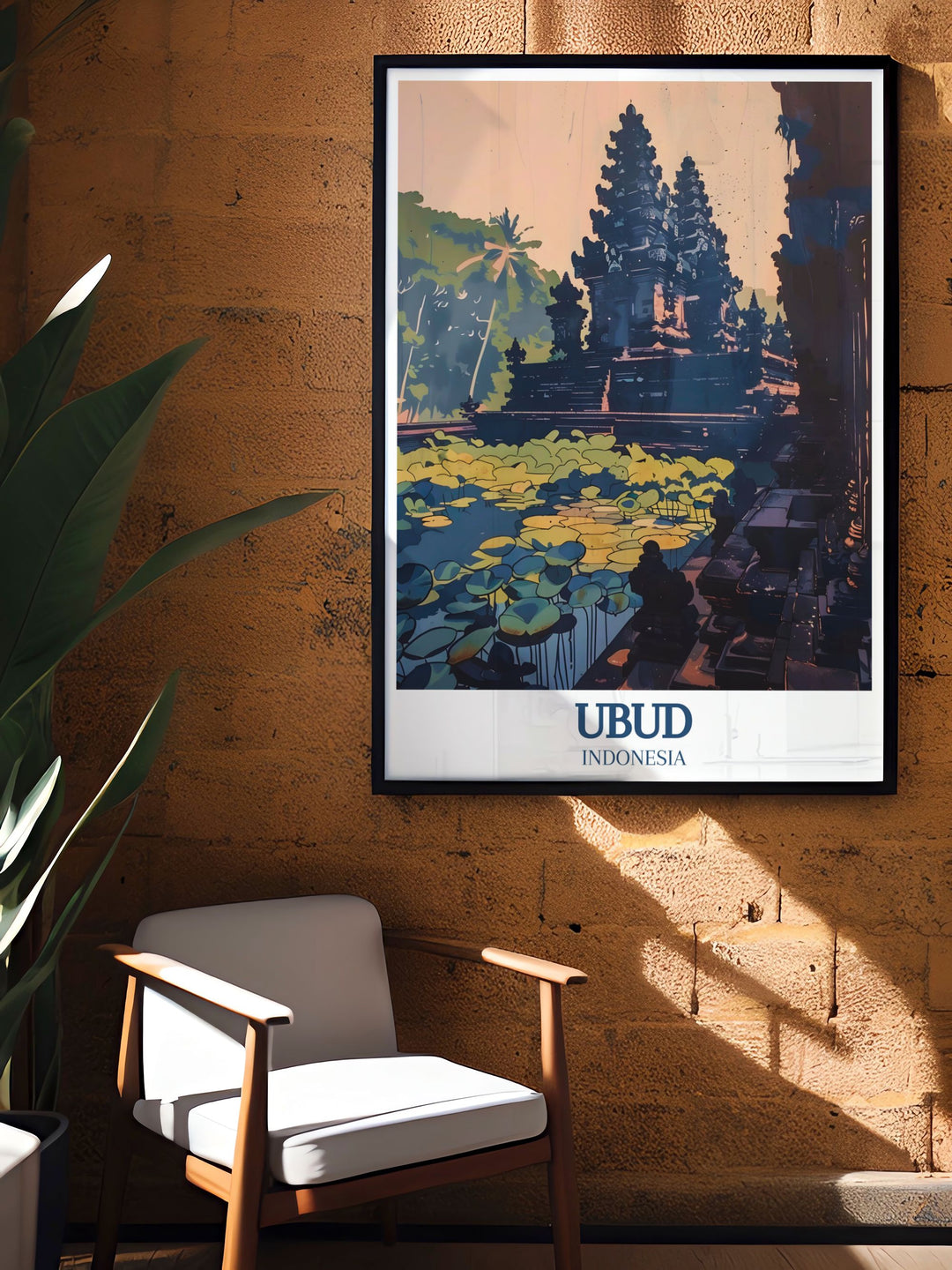 A captivating Bali wall art piece showcasing Ubuds Pura Taman Saraswati temple and the picturesque Lotus Pond. Its serene and spiritual ambiance makes it an ideal addition to any room, bringing a piece of Bali into your home.