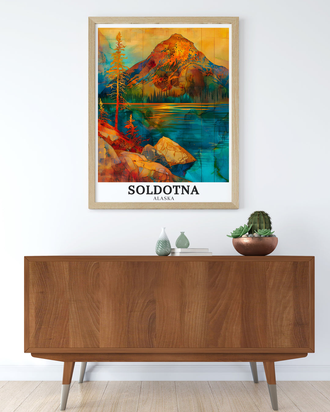 Beautiful Soldotna poster featuring the iconic Kenai River and the towering Ptarmigan Peak. The print showcases the rugged beauty of Alaska, ideal for adding a touch of wilderness to your decor