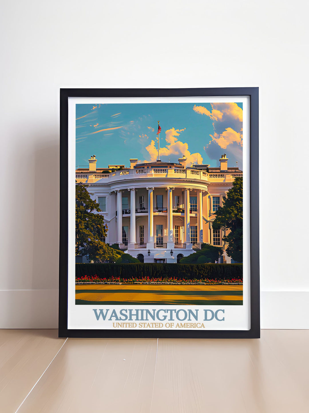 Elegant Washington DC map art print featuring The White House and botanical garden illustration. Perfect wall decor for your living room or study. This city print is a great choice for anyone who loves Washington DC and appreciates fine art prints.