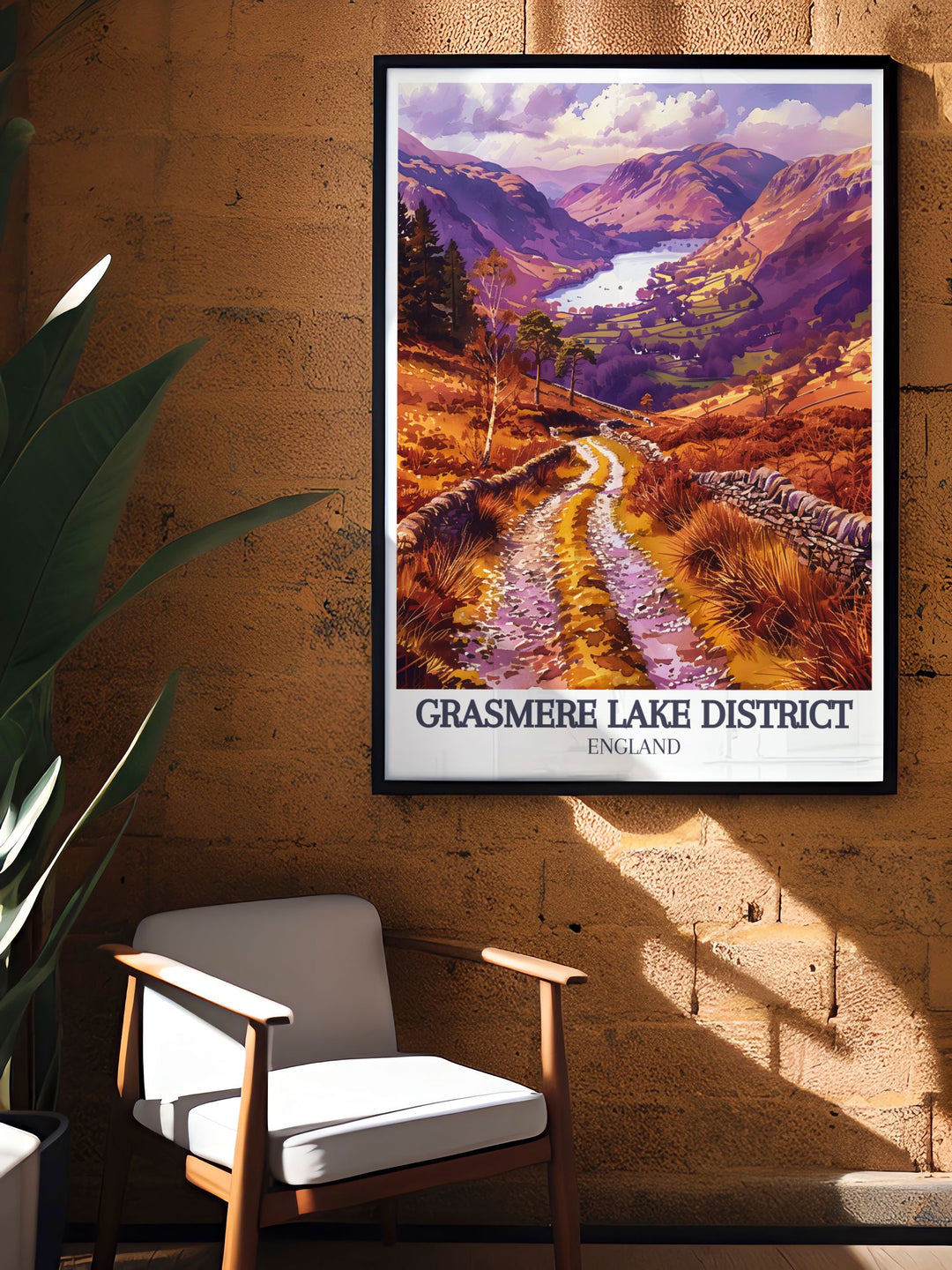 Our Grasmere art print showcases the famous Coffin Route winding through the Lake District, with Helm Crag standing majestically in the distance. Perfect for those who love Englands natural beauty, this poster adds a touch of serenity to any space.