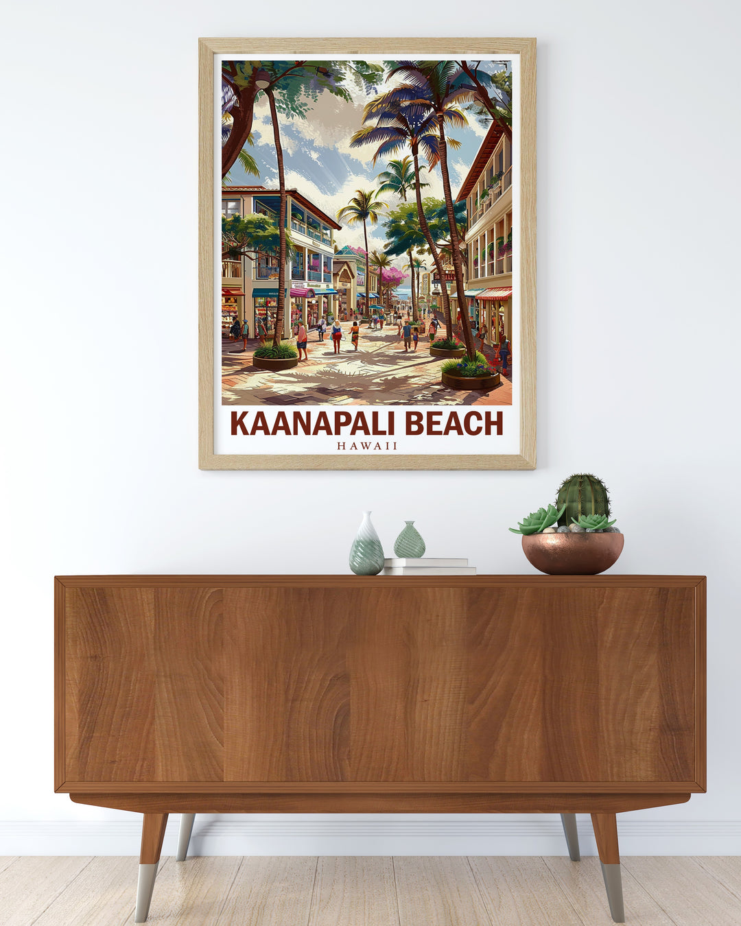 Kaanapali Beach travel poster featuring the pristine waters and sandy shores of one of Hawaiis most famous beaches. Whalers Villages lively atmosphere is also captured, making this a perfect wall art addition for those looking to combine beach beauty with cultural charm.