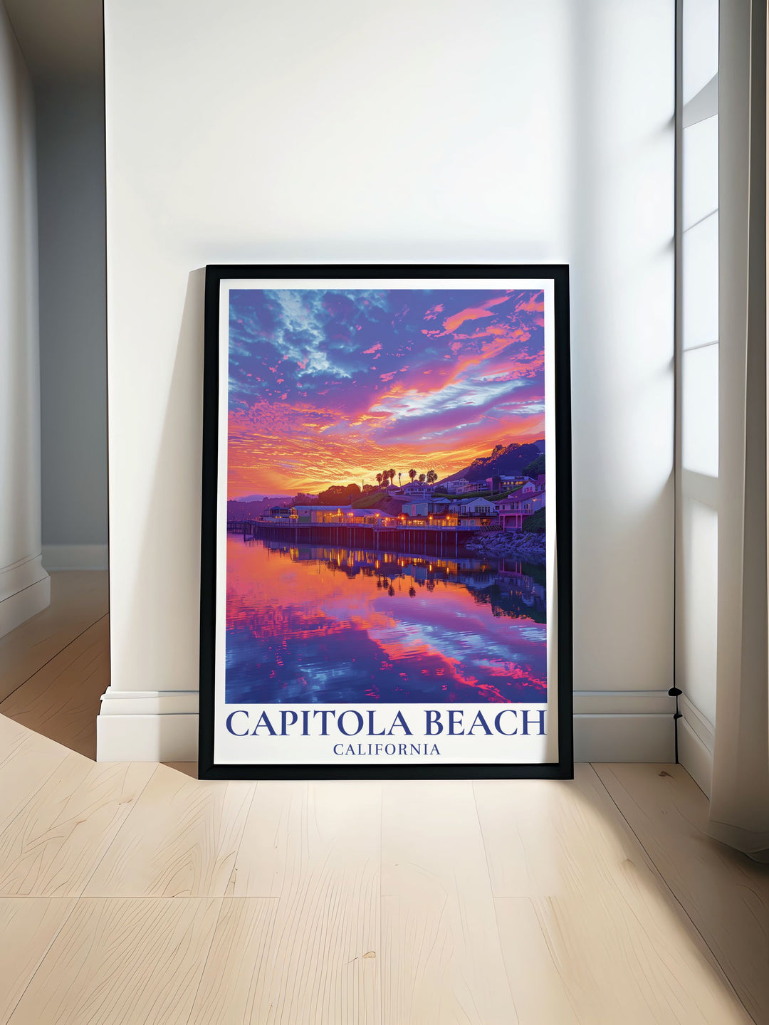 Vibrant Sunset over Capitola Wharf Travel Poster capturing Californias stunning coastal beauty perfect for home decor and gifts enhancing any living space with the warm hues and serene charm of Capitola Beach at sunset