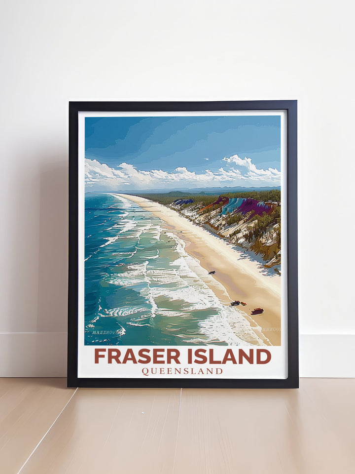 75 mile beach and Fraser Island Poster beautifully capture the sandy shores of this iconic Australian destination. Perfect for anyone seeking elegant wall decor and a personalized gift inspired by the serene beaches of Queenslands Fraser Coast.