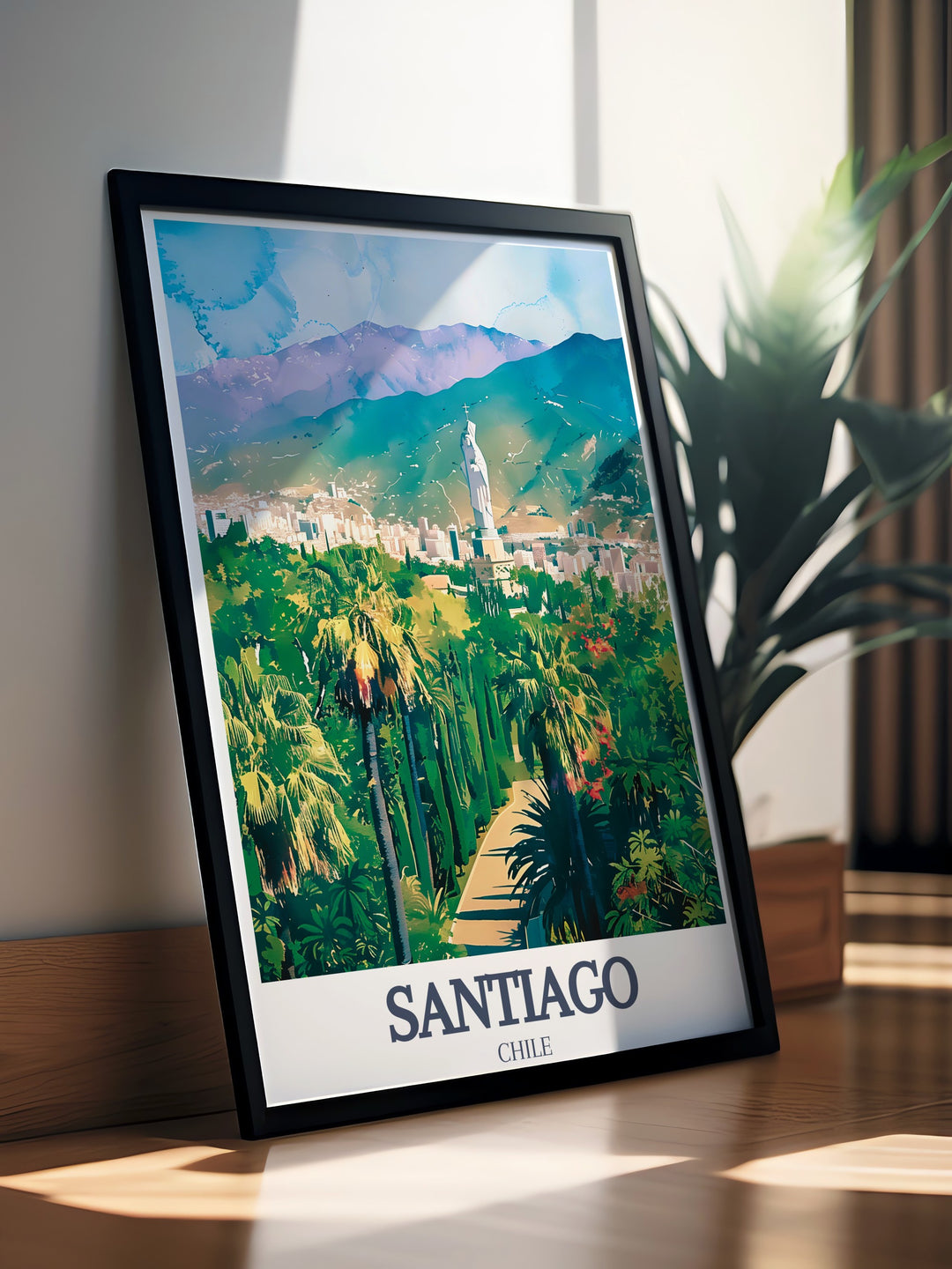 Add a touch of Spain to your home with this stunning Santiago poster print featuring Cerro San Cristobal and the Statue of the Virgin Mary This beautiful Spain travel print makes an elegant addition to any living space