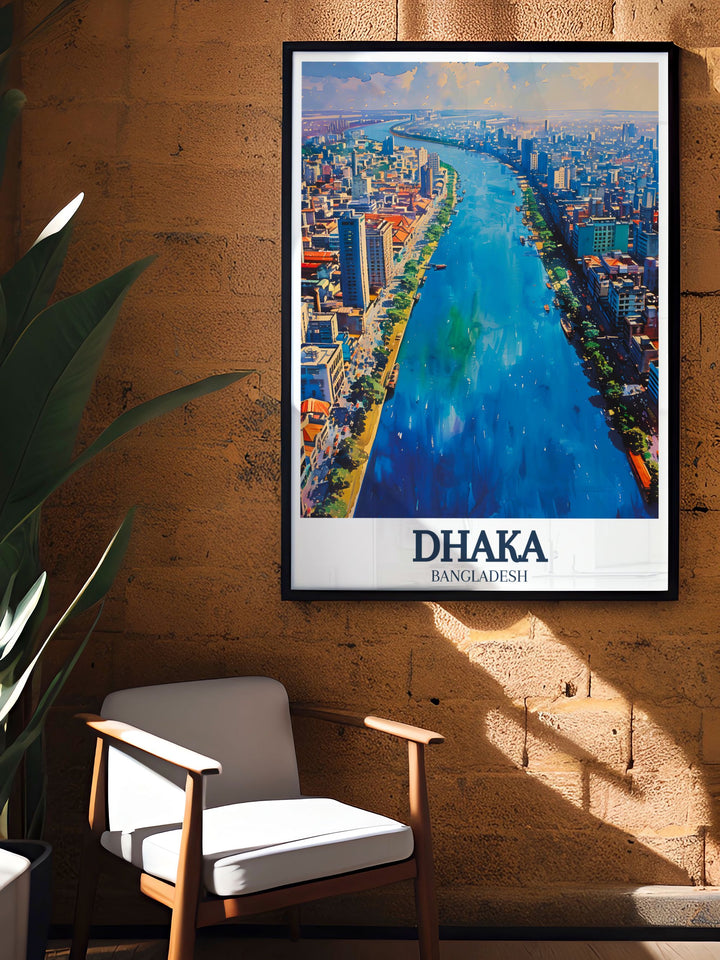 Beautiful Buriganga river Dhaka travel poster with intricate details and vibrant colors bringing the lively spirit of Dhaka and the serene river into your living space.