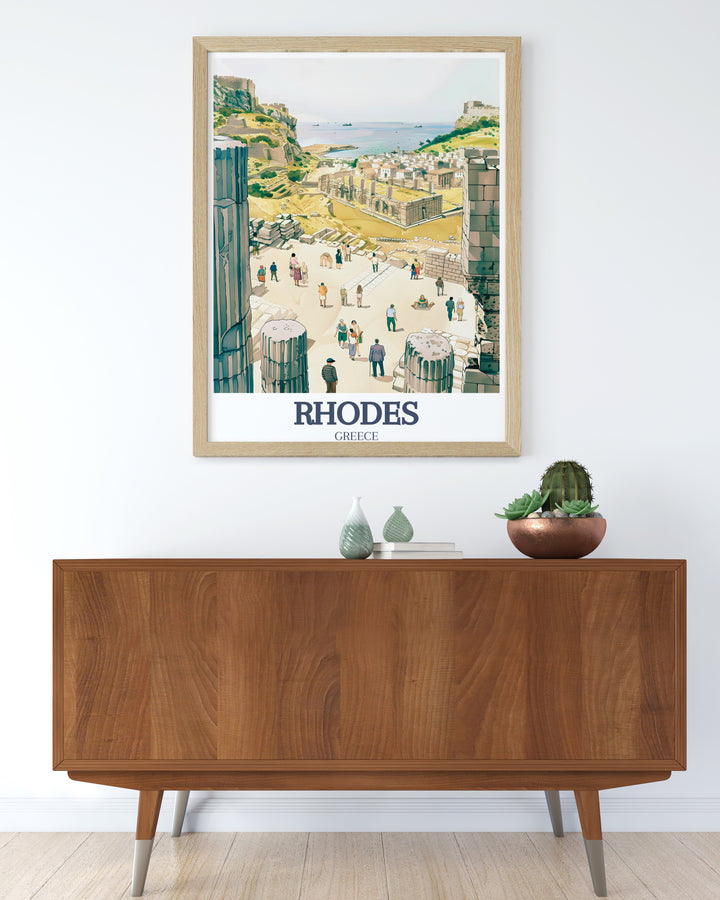 Rhodes Wall Poster featuring the Acropolis of Lindos and the charming Old Town of Rhodes. This Greece travel print is ideal for adding a touch of Mediterranean history and beauty to your home decor.