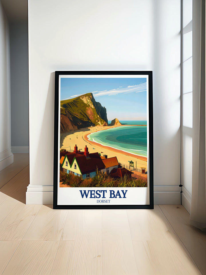 West Bay poster print brings the stunning beauty of Englands Jurassic Coast into your home. Featuring the iconic cliffs and serene waters, this artwork is perfect for lovers of coastal landscapes and UK travel art, offering a timeless reminder of the scenic beauty of West Bay.