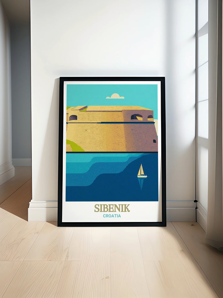 Vintage poster of Sibenik and the St. Nicholas Fortress, showcasing the fortresss historical importance and its architectural beauty. The artwork brings together elements of Croatias rich past and its stunning coastal scenery, perfect for those who appreciate historical landmarks.