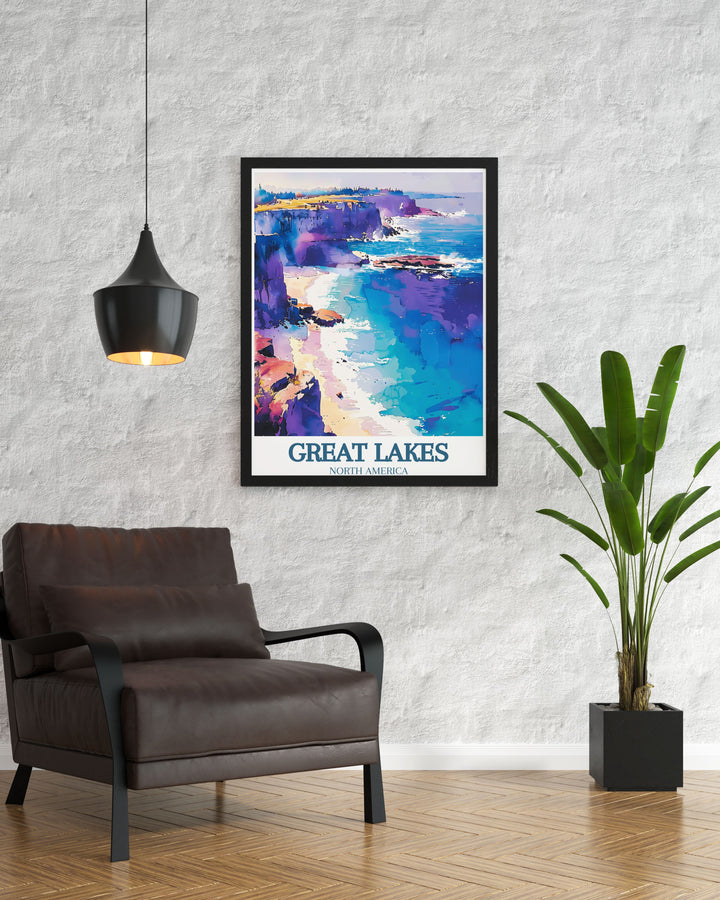 Capturing the essence of Lake Erie, this detailed travel poster features stunning views and serene waters, making it a perfect addition for those who appreciate natural and historical beauty.