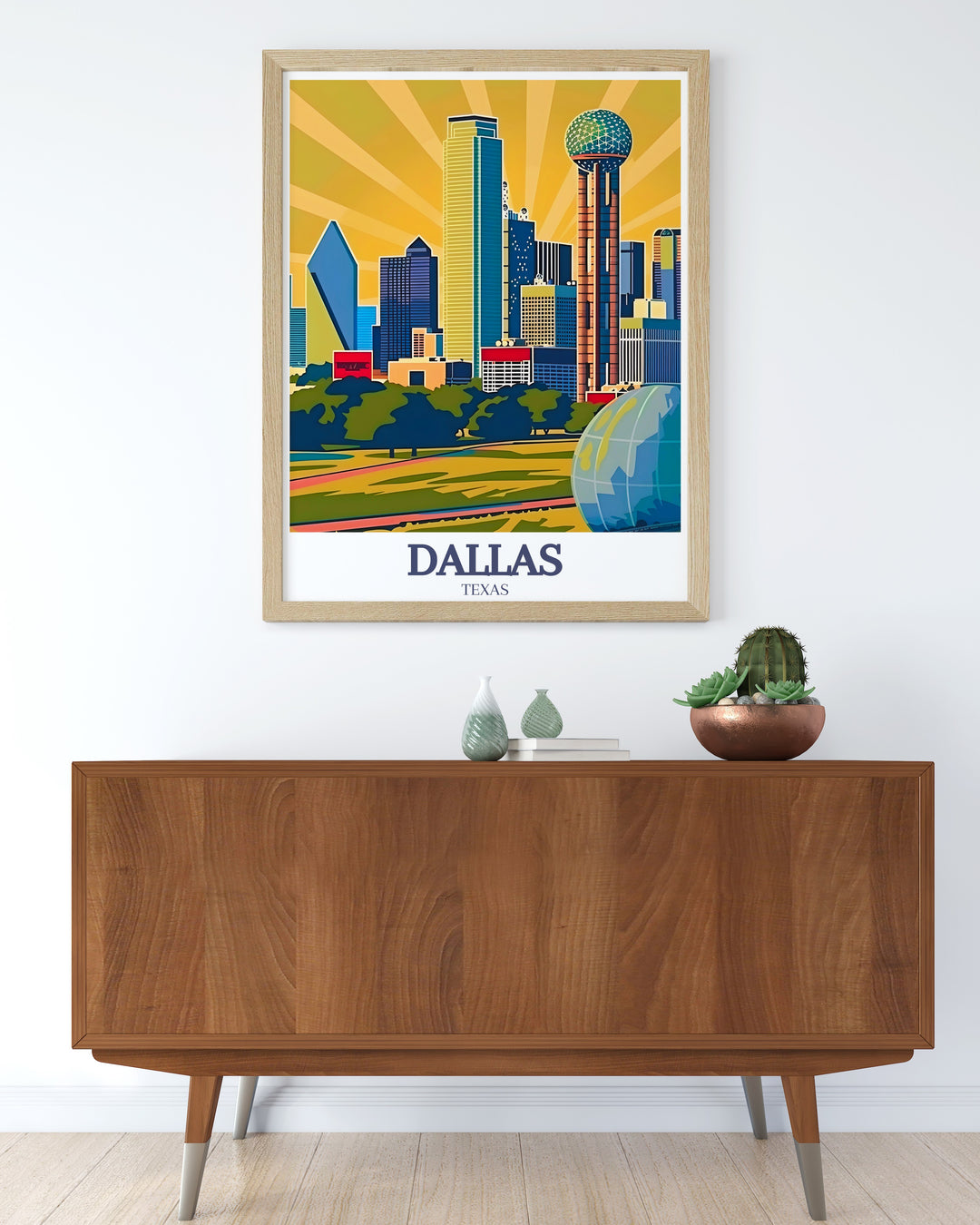 Dallas skyline featuring Reunion Tower Ball in the Air is showcased in this modern art print Ideal for home decor or as a travel gift this Dallas print adds a touch of sophistication to any room with its striking representation of the citys architecture