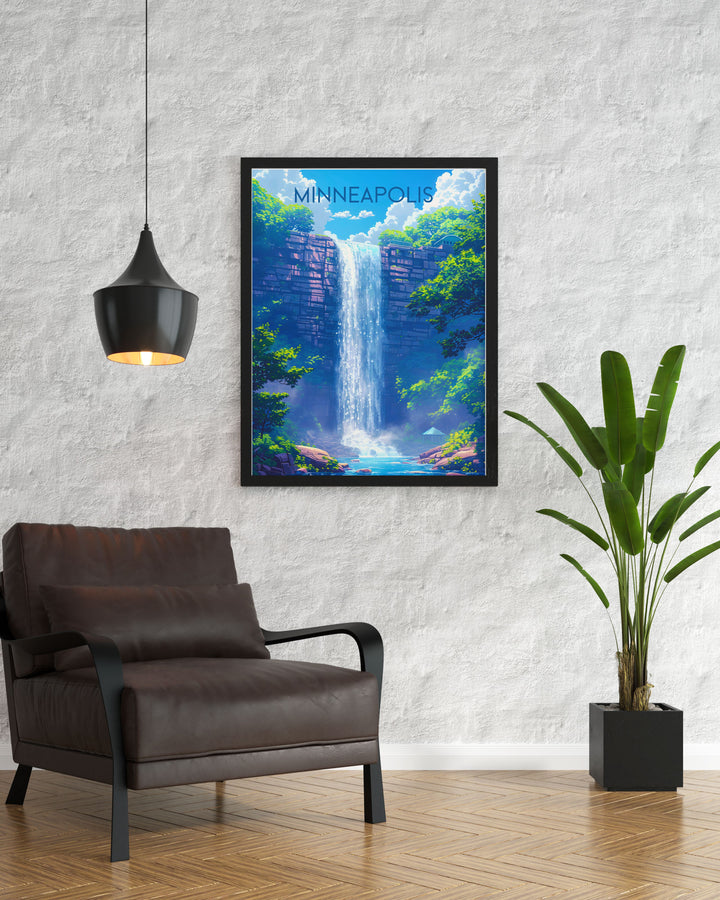 Featuring the iconic skyline and tranquil waterfall of Minneapolis, this poster showcases the citys inviting landscapes, perfect for those who cherish urban and natural destinations.