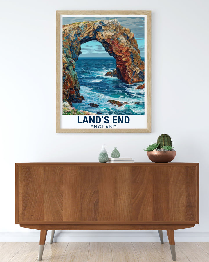 This Land’s End poster print beautifully depicts the cliffs and Enys Dodnan Arch along Cornwalls coastline. An ideal addition to any Cornwall art collection this elegant wall decor captures the natural beauty and serenity of the Cornish landscape.