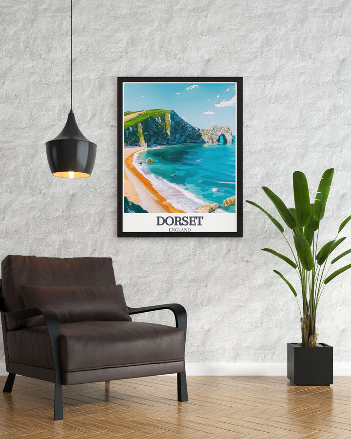 Dorsets scenic coastline is depicted in this poster, celebrating its natural beauty and ancient landscapes, ideal for adding coastal charm to your home decor.