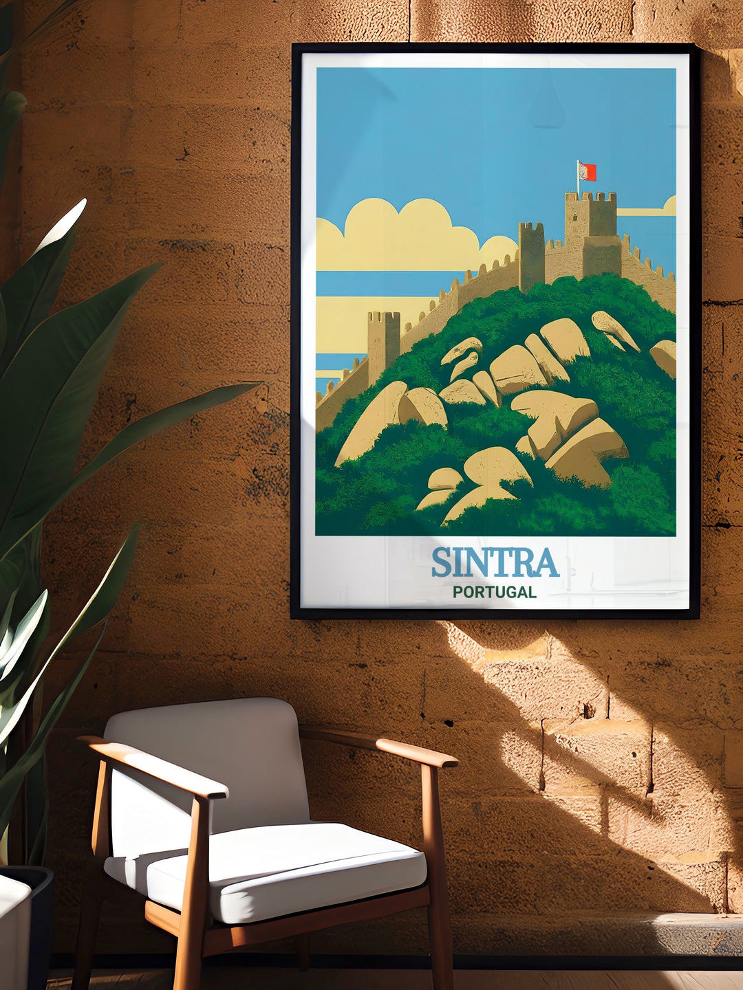 This detailed travel print of Sintras Moorish Castle highlights the majestic structure set against the breathtaking backdrop of Portugals rolling hills. The artworks rich colors and design make it a standout piece for any room, perfect for travel enthusiasts and art lovers.