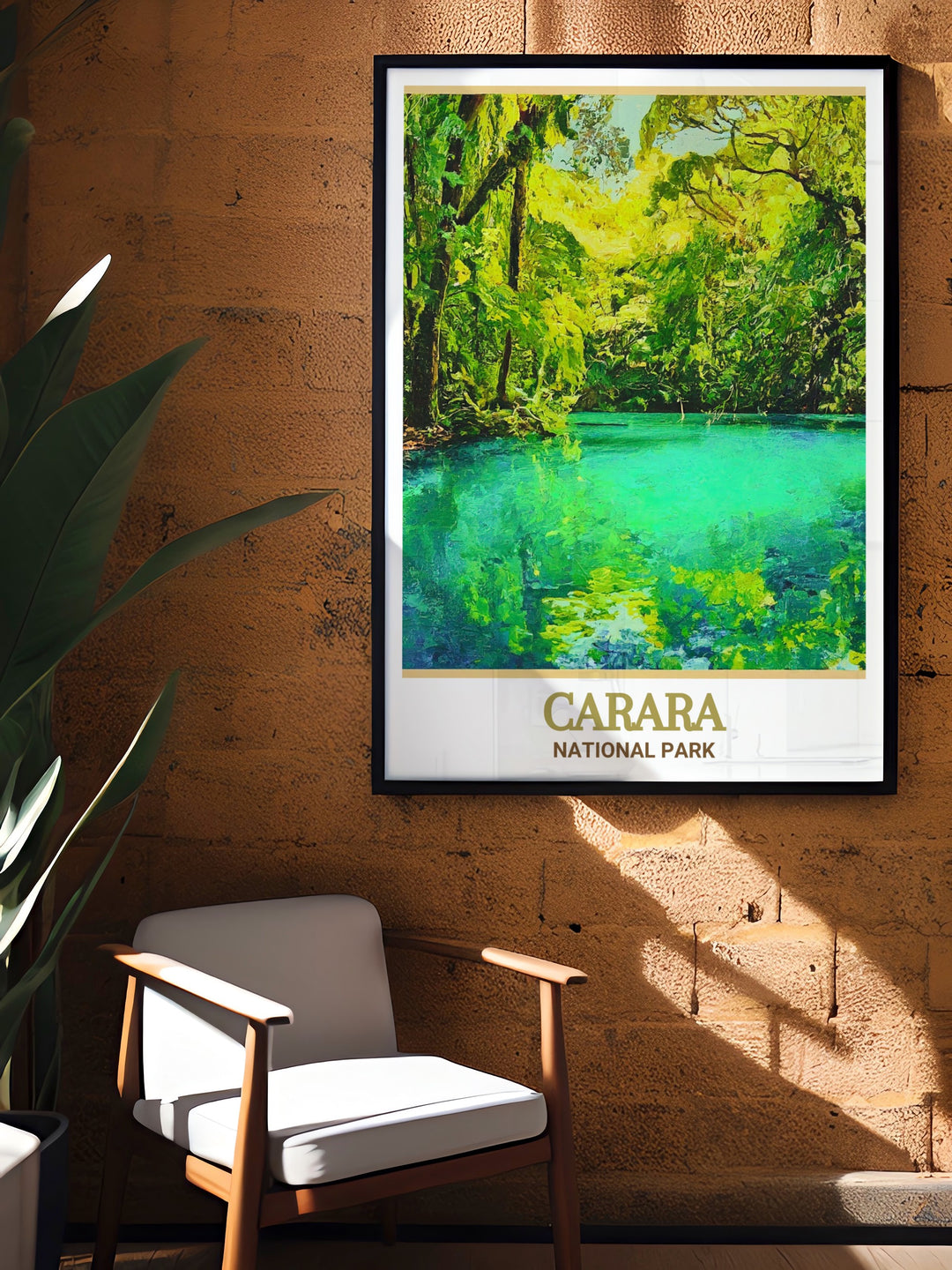 Carara National Park Travel Print captures the enchanting beauty of Costa Ricas rainforests, showcasing the Laguna Meándrica and its lush surroundings. A perfect gift for those who love tropical destinations.