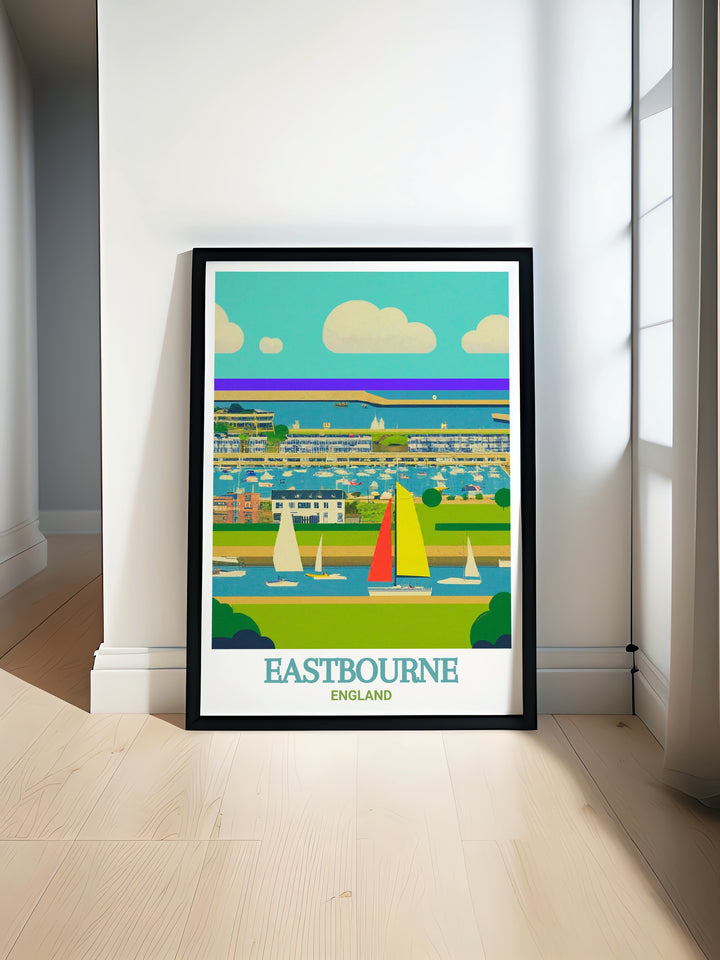 South Downs Way travel art print highlighting the beauty and tranquility of Sovereign Harbour, one of Englands most picturesque marinas. This print is ideal for lovers of the coast and those who dream of nautical adventures.