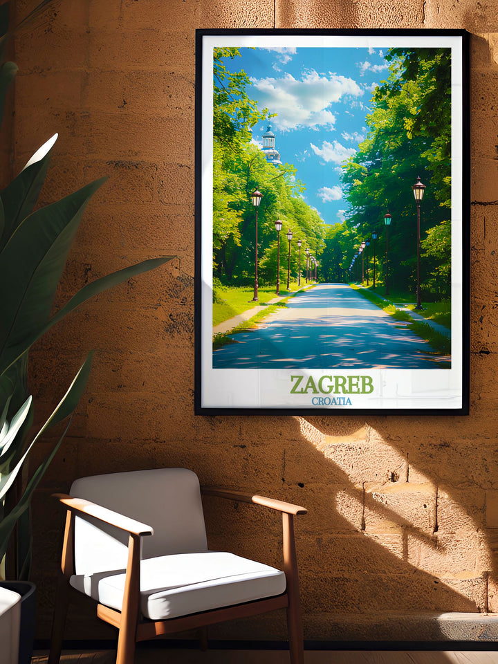 Sophisticated Maksimir Park modern art print perfect for stylish living room decor. Showcases the serene beauty of Zagrebs popular park.